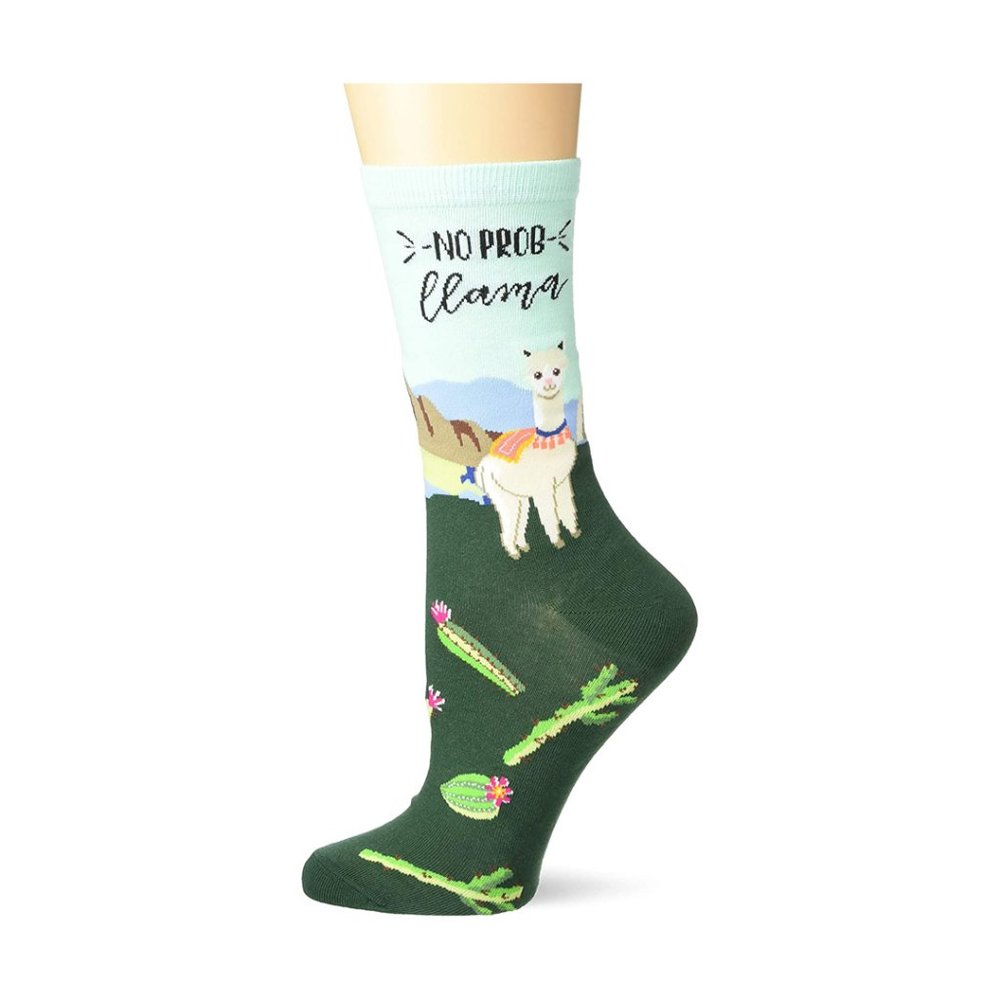 K. Bell Women's Funny Animal Novelty Crew Socks - No Prob-llama, Green NWT